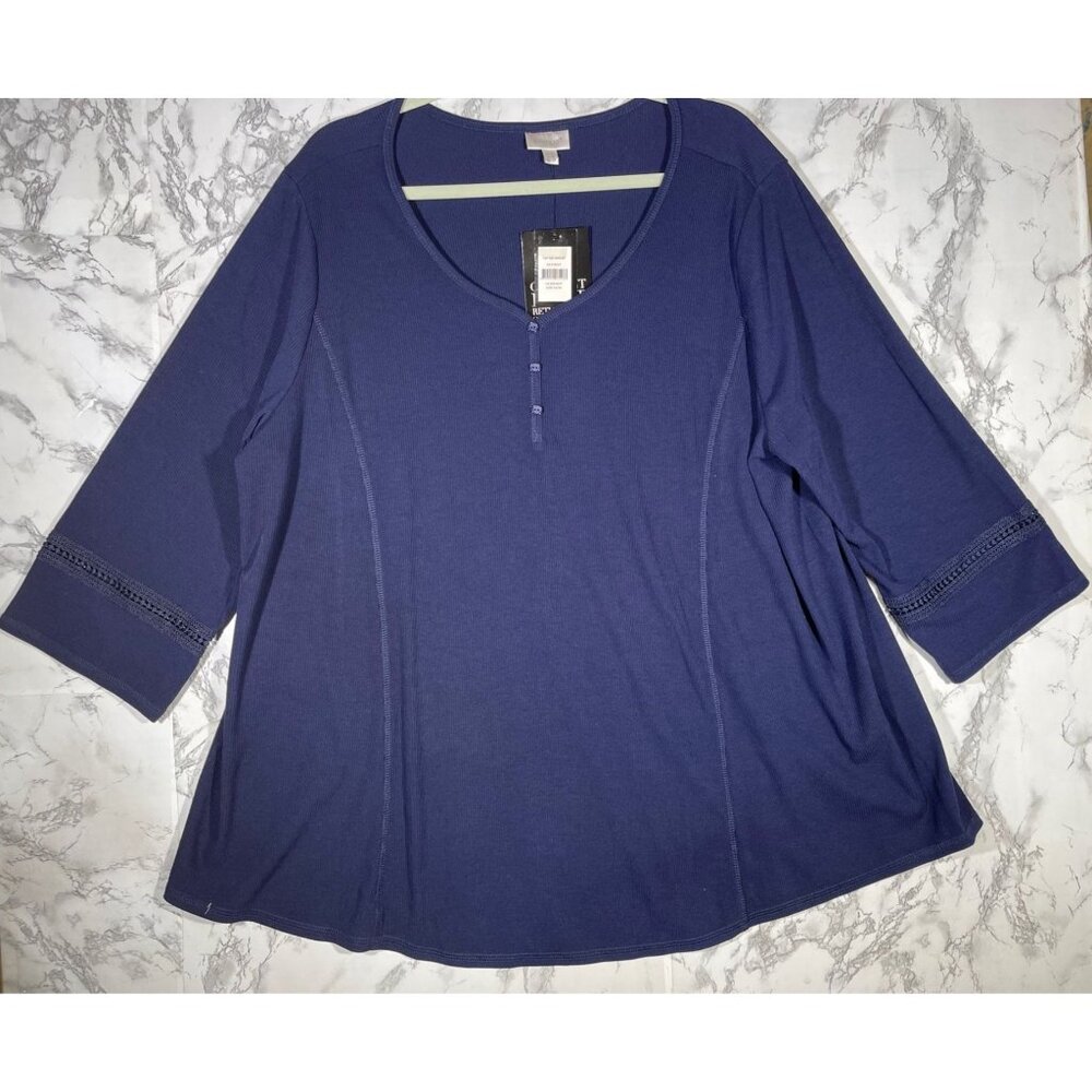 Avenue Womens 22/24 Top Plus Size Navy Blue 3/4 Sleeve Rib Henley With Button